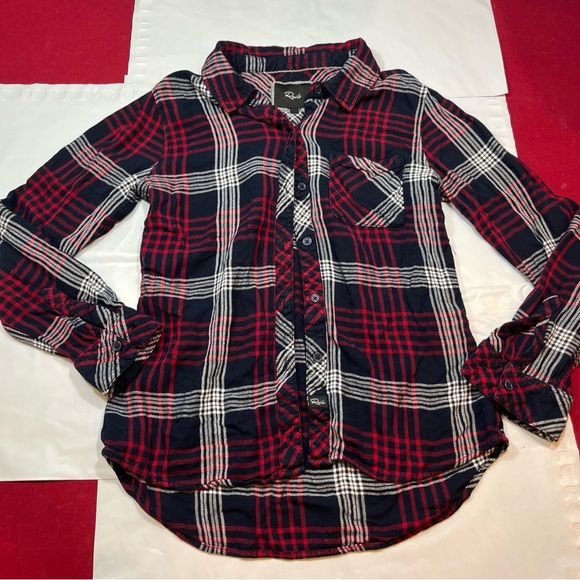 Rails RED BLUE White PLAID button up SHIRT Womens Long Sleeved collared RAYON S - Picture 15 of 15